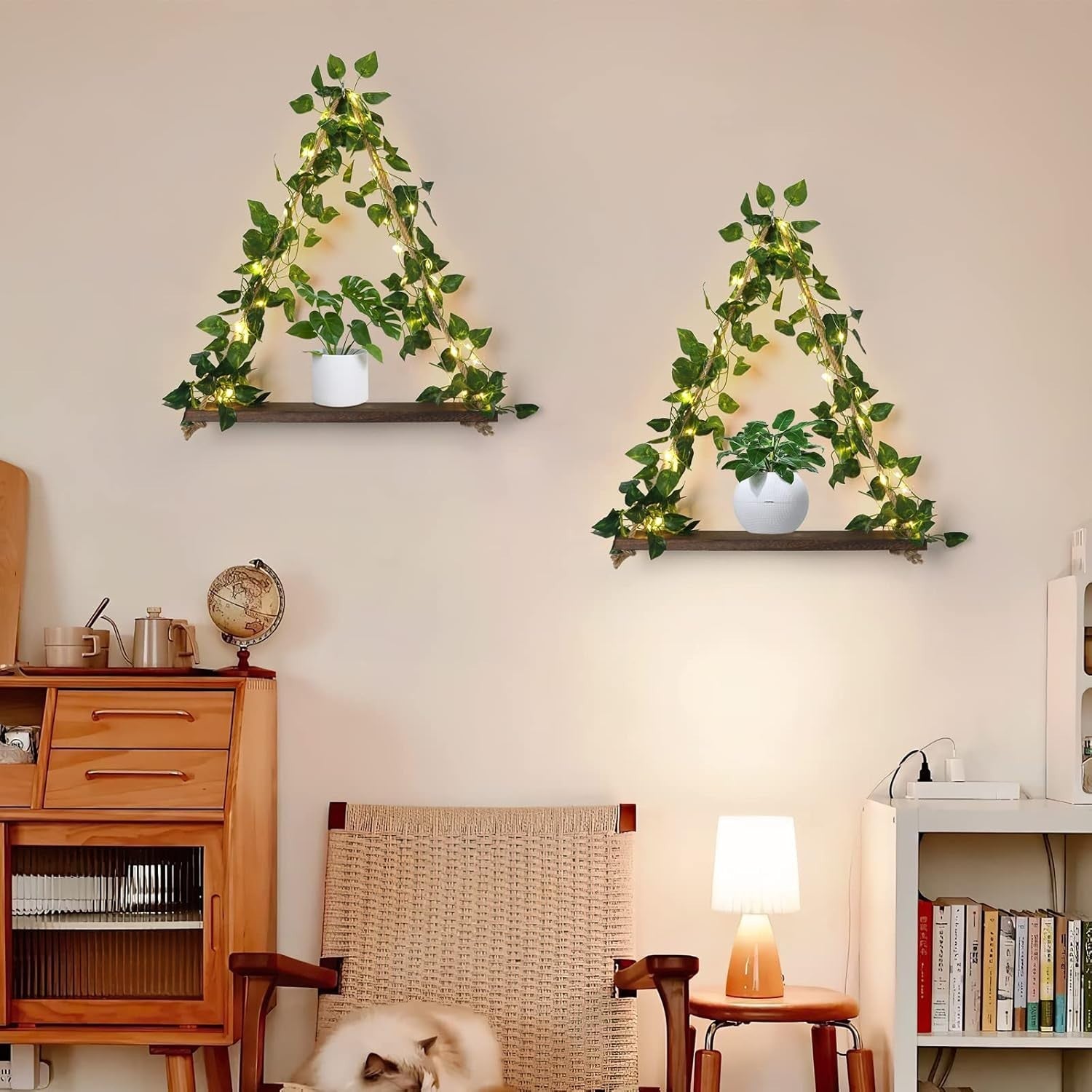 Boho Macrame Hanging Shelves LED Rustic Wood Wall Decor