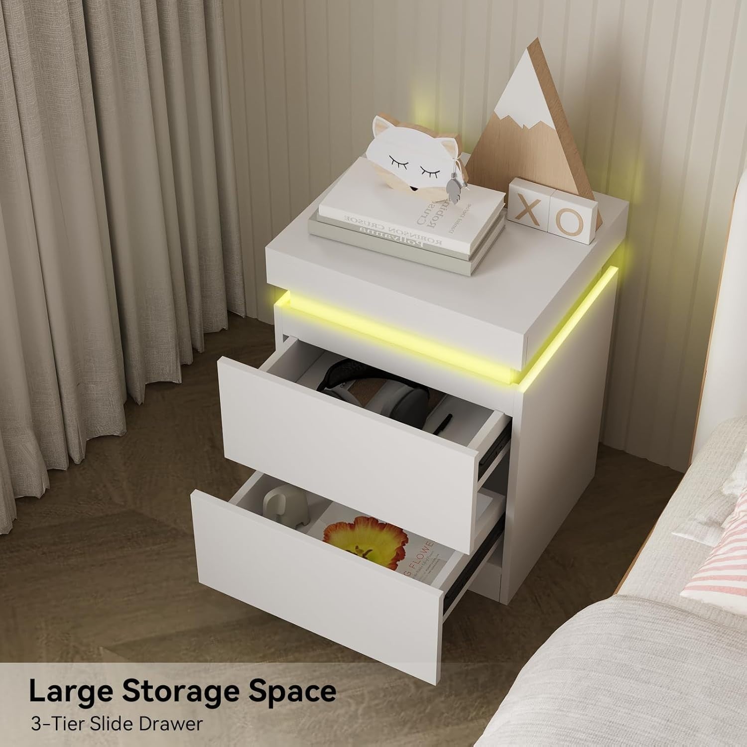 Modern LED Bedside Tables Set of 2 with USB Charging | White 2 Drawer Nightstand