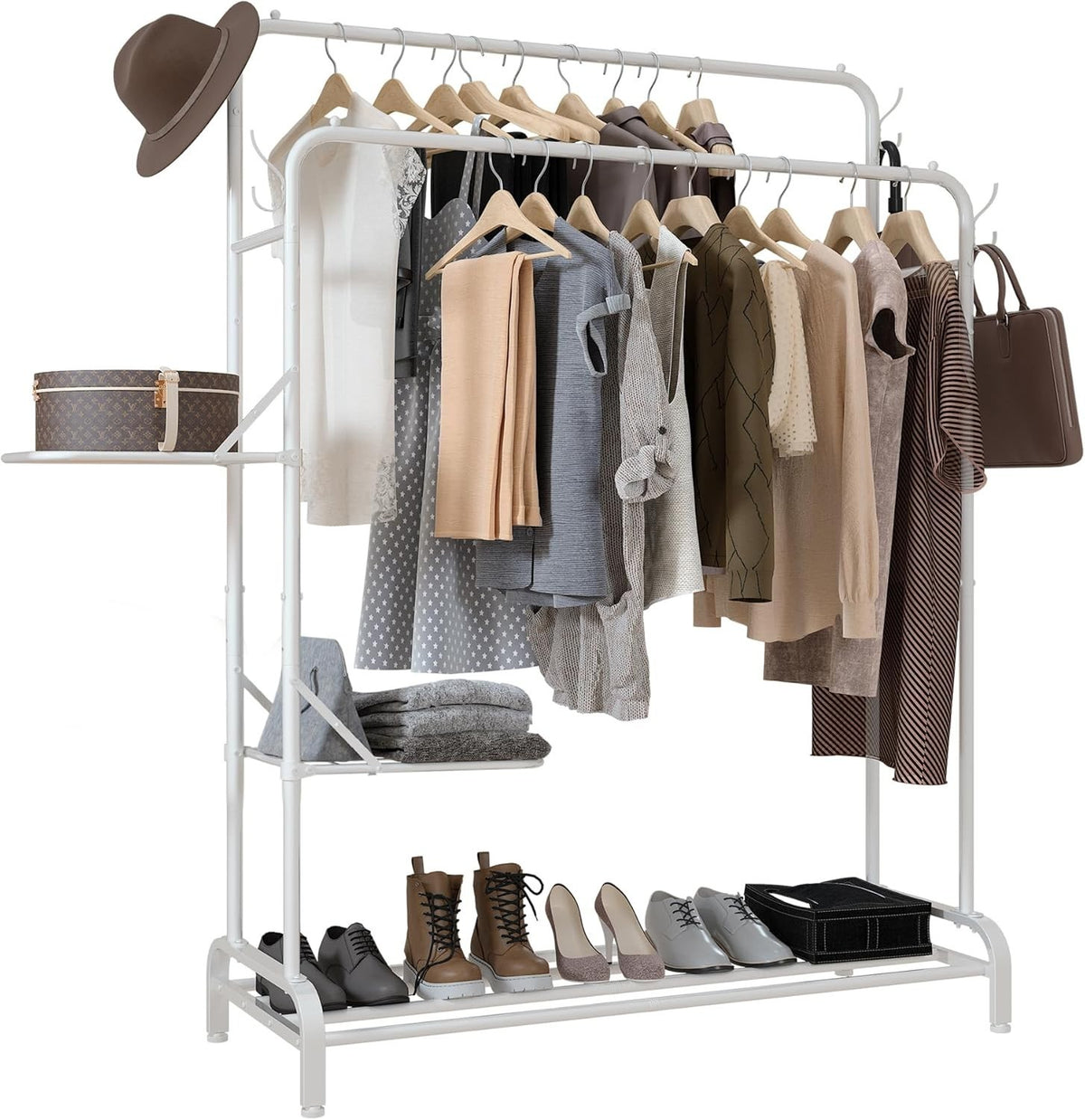 White Heavy Duty Clothes Rail 100KG Rack With Folding Shelves & Hooks