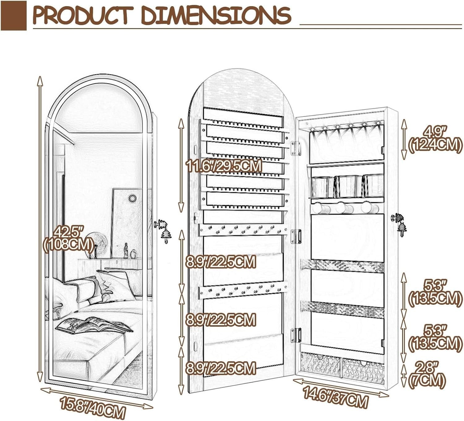 LED Arched Jewelry Armoire Wall or Door Mounted Lockable Mirror White