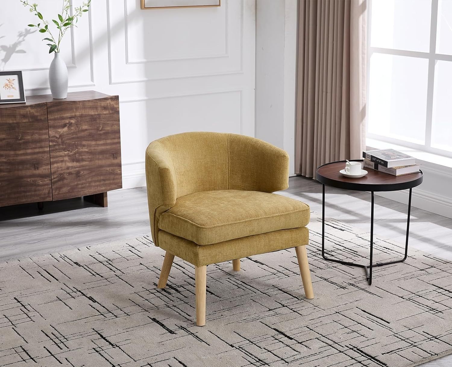 Plush Yellow Tub Chair with Solid Wood Legs | Cozy Living Room Accent Seat