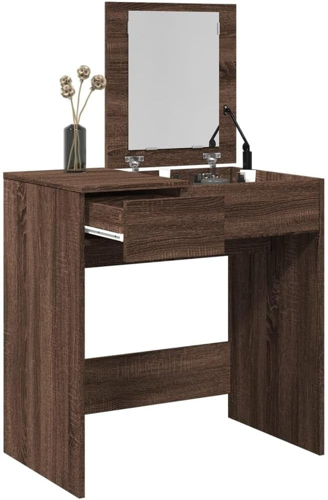 Modern Brown Oak Dressing Table Vanity Makeup Desk Mirror Storage Drawer