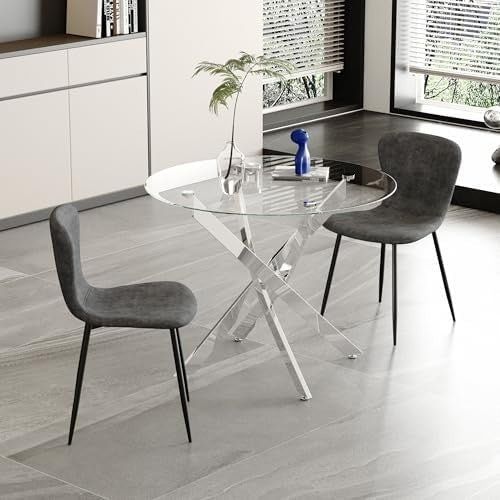 Round Glass Dining Table Set with 4 Grey Velvet Chairs Modern Chrome Legs 100cm