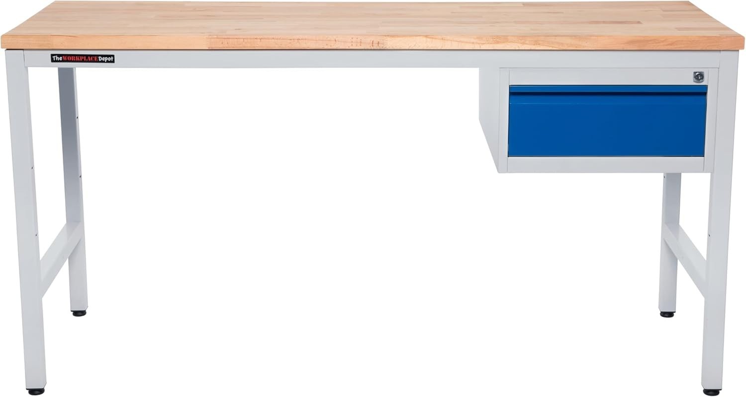 Heavy Duty Metal Workbench 2-Drawer Unit 150kg Steel Frame 30mm Wood Top 1600mm