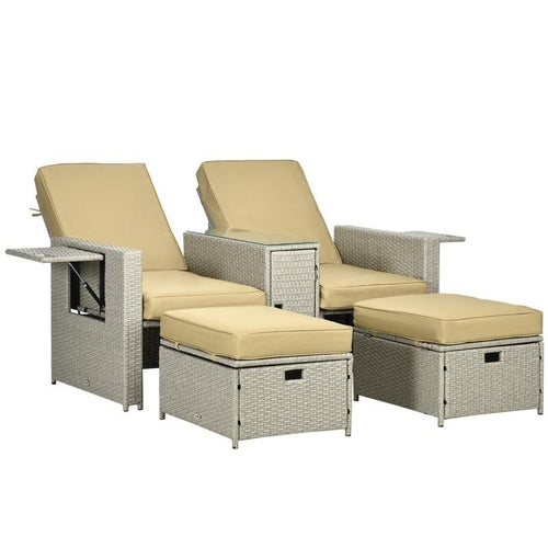 5PC Rattan Recliner Sun Lounger Set with Footstools Table Cushions Beige