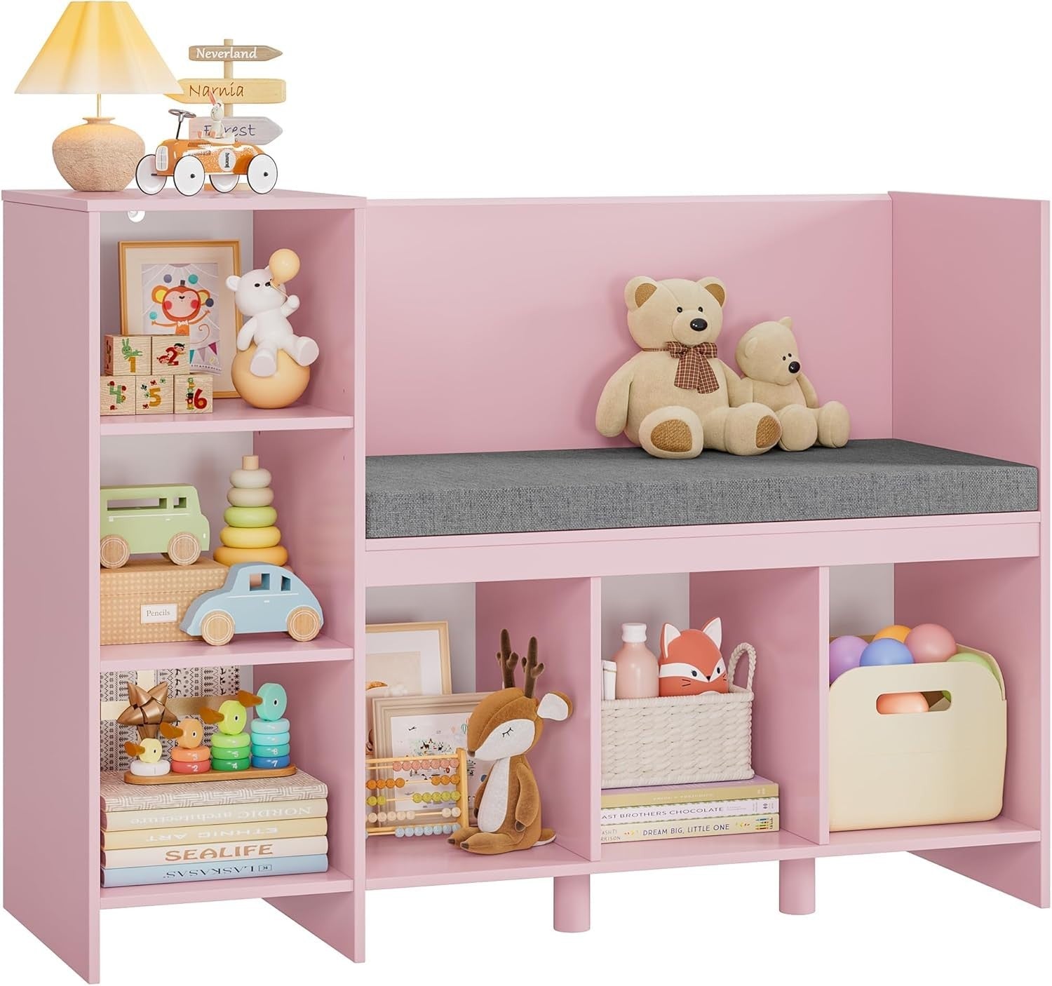 Kids Bookcase with Seat Cushion 6 Cube Toy Storage Shelf Bench Pink 110cm