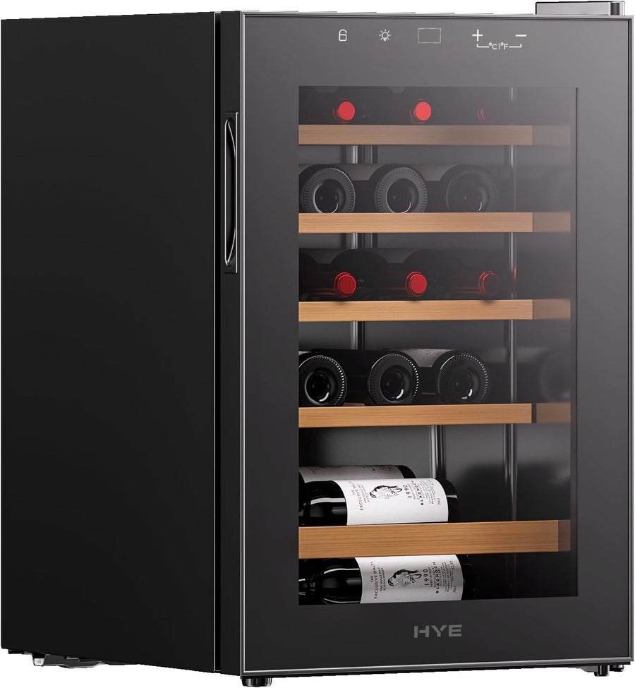 20 Bottle Wine Cooler Fridge Glass Door Quiet LED Wooden Shelves Home Bar