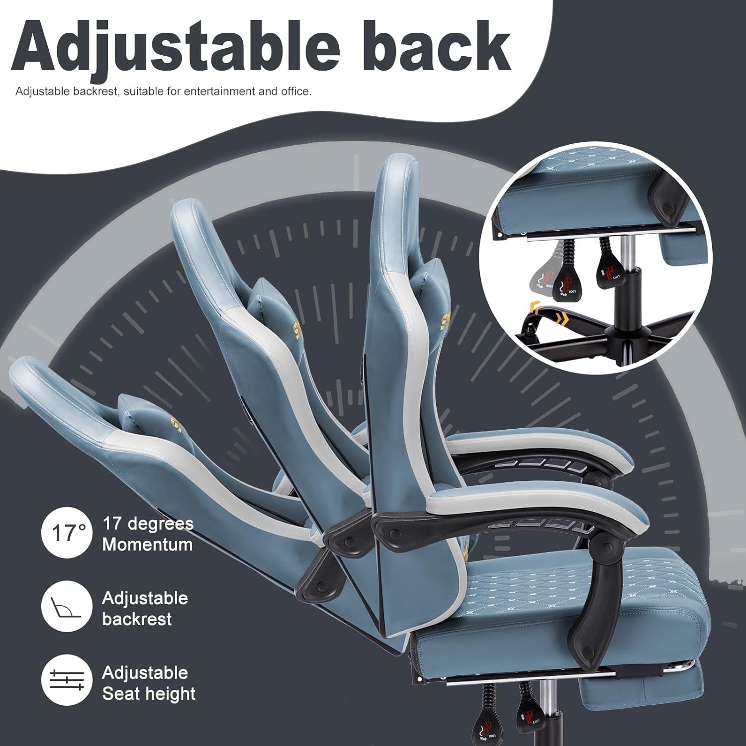 Ergonomic Gaming Chair w/ Footrest Reclining PU Leather Blue