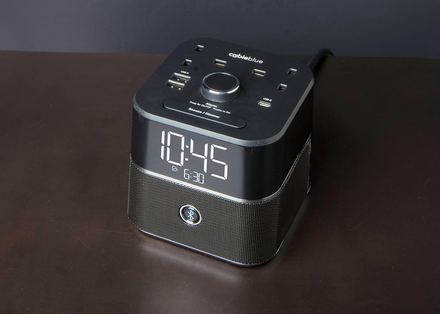 Black Digital Alarm Clock Bluetooth Speaker Dual USB-C USB-A Charging Hub