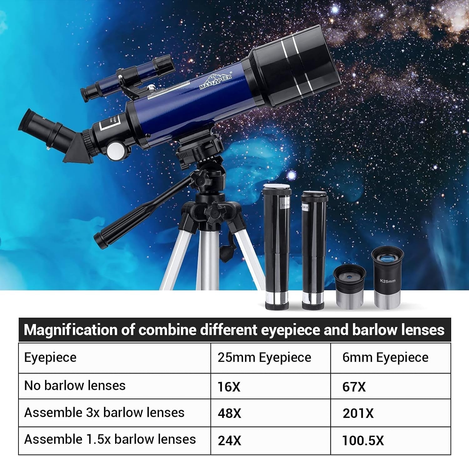 70/400mm Astronomy Telescope 16–201X High Power with Tripod & Phone Adapter