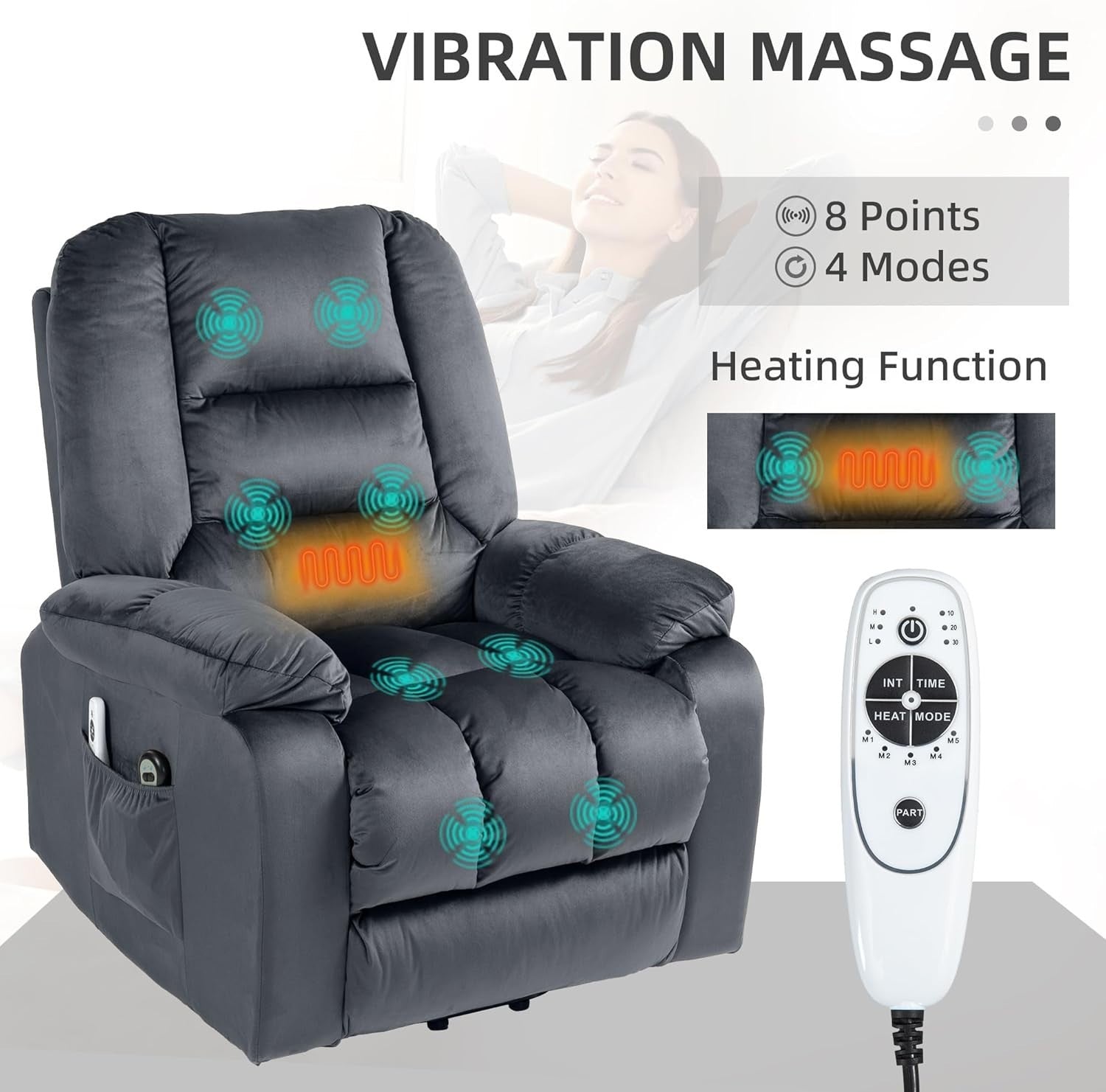 Velvet Lift Recliner Chair Massage Heat Riser Armchair for Elderly Grey