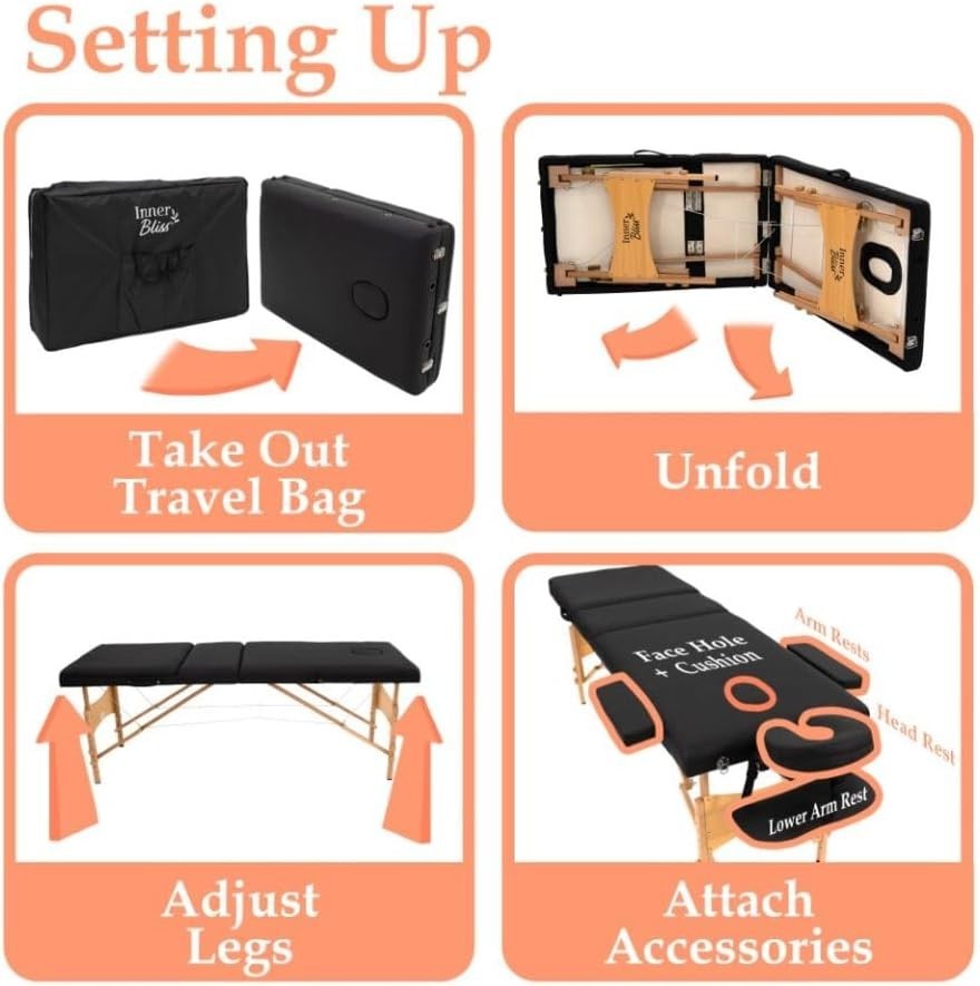 Portable Massage Table 3-Section Folding Therapy Bed Backrest Face Cradle Black