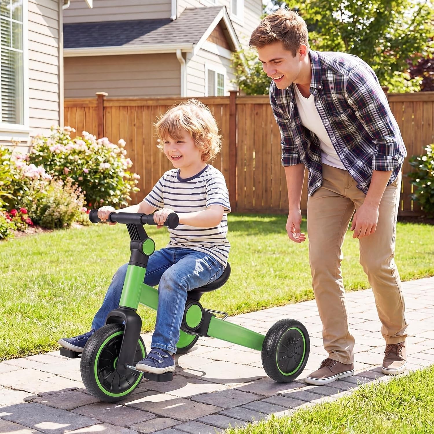 4 in 1 Kids Tricycle Balance Bike Foldable Adjustable Handle Green