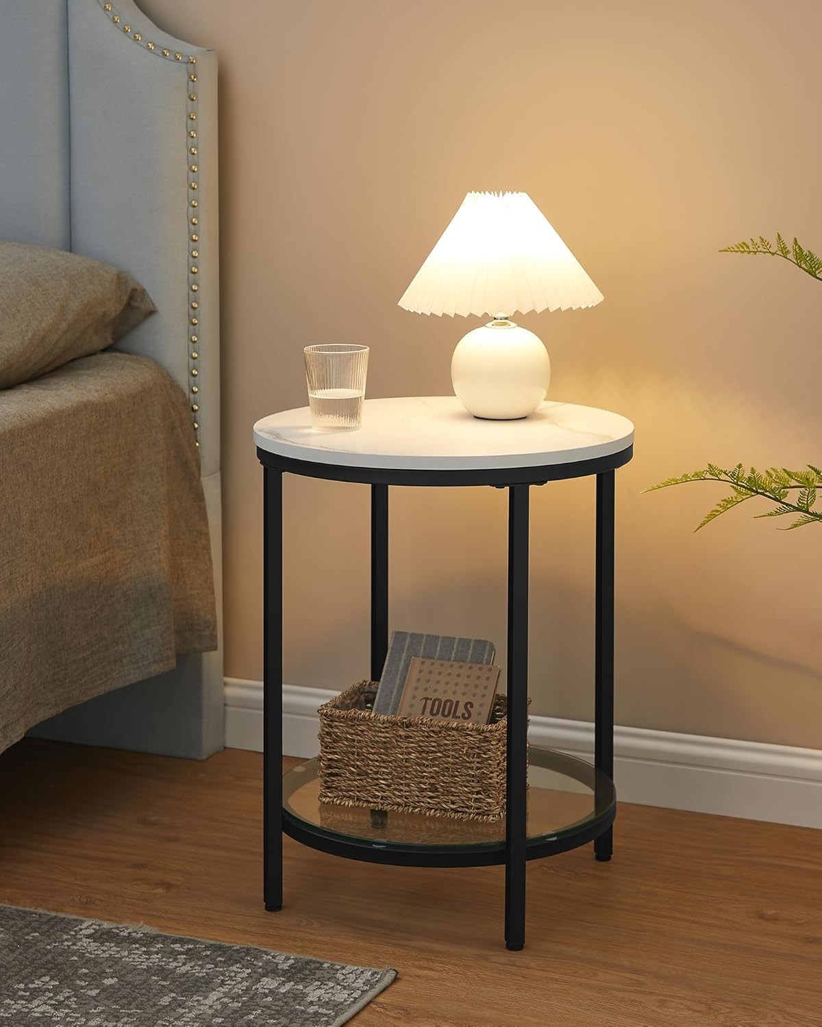 Modern Round Side Table with Glass Shelf, 2-Tier Bedside Coffee Table