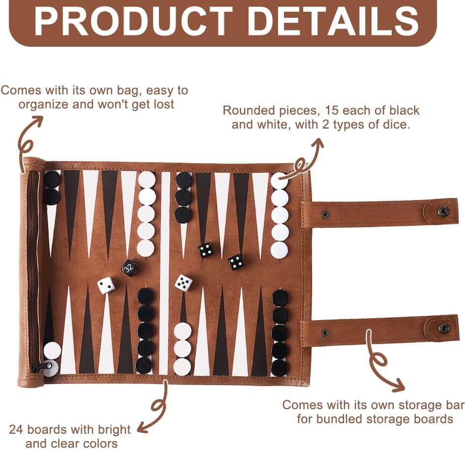 Luxury Leather Backgammon Set Roll Up Travel Board Game Portable