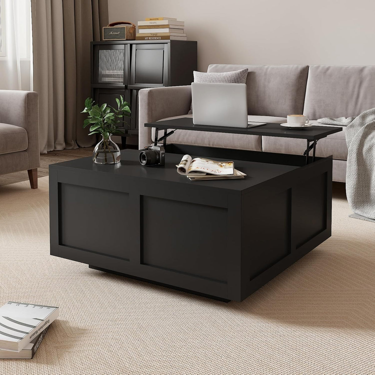 Lift Top Coffee Table with Storage, Hydraulic Lift, Hidden Compartments, Black
