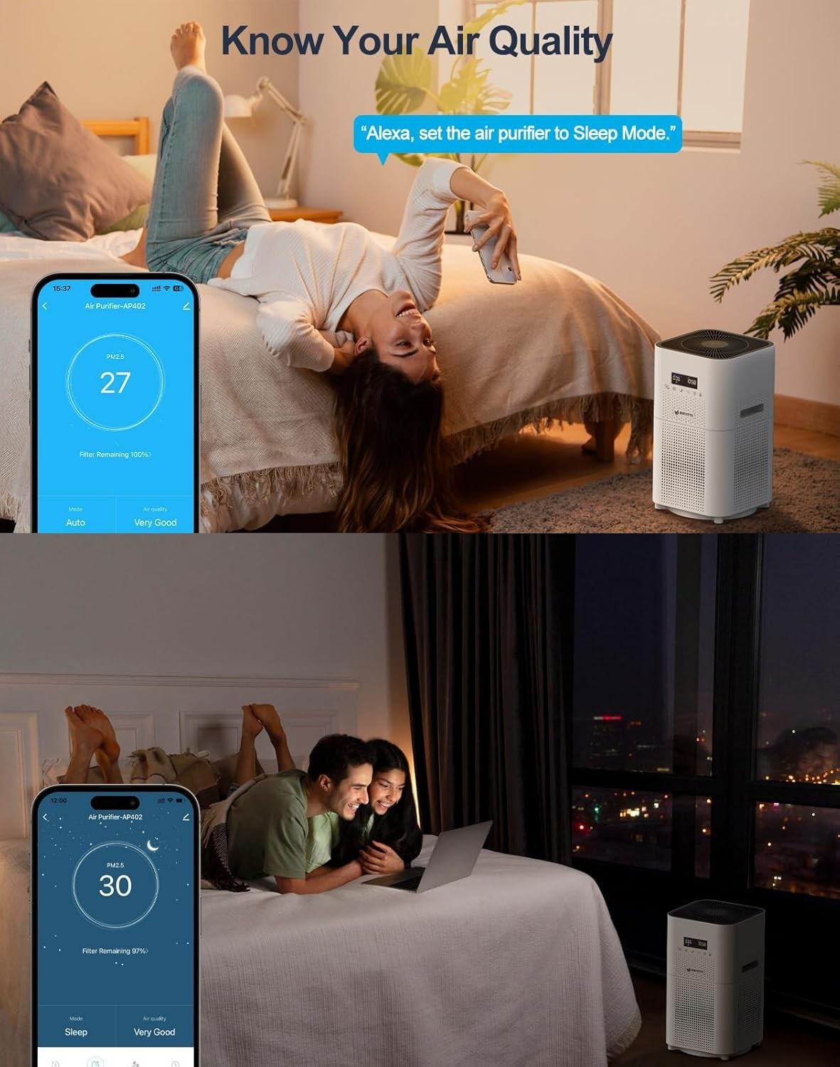 Smart HEPA Air Purifier Large Room 1720ft² WiFi Alexa CADR 400