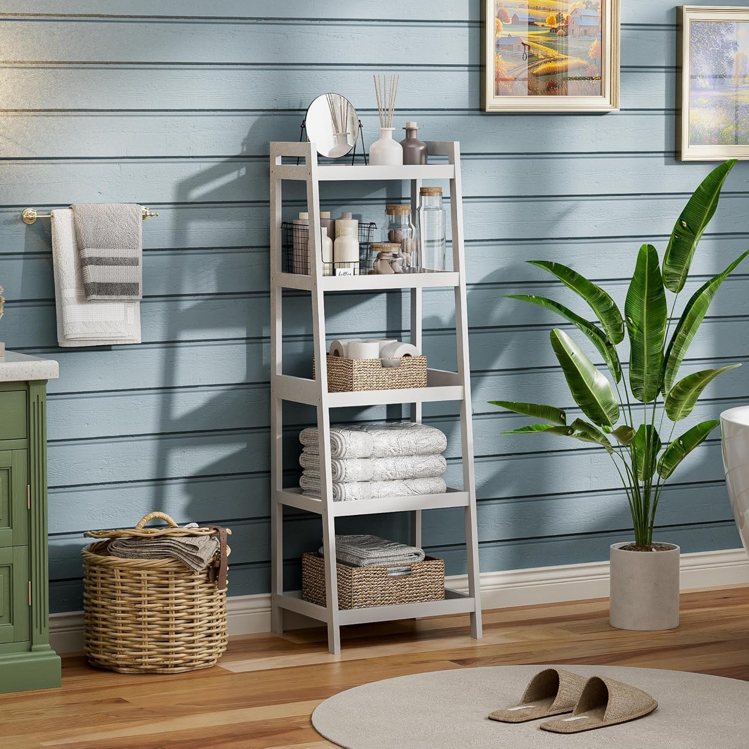 White 5-Tier Ladder Bookcase, Tall Narrow Bamboo Frame Display Storage Shelf