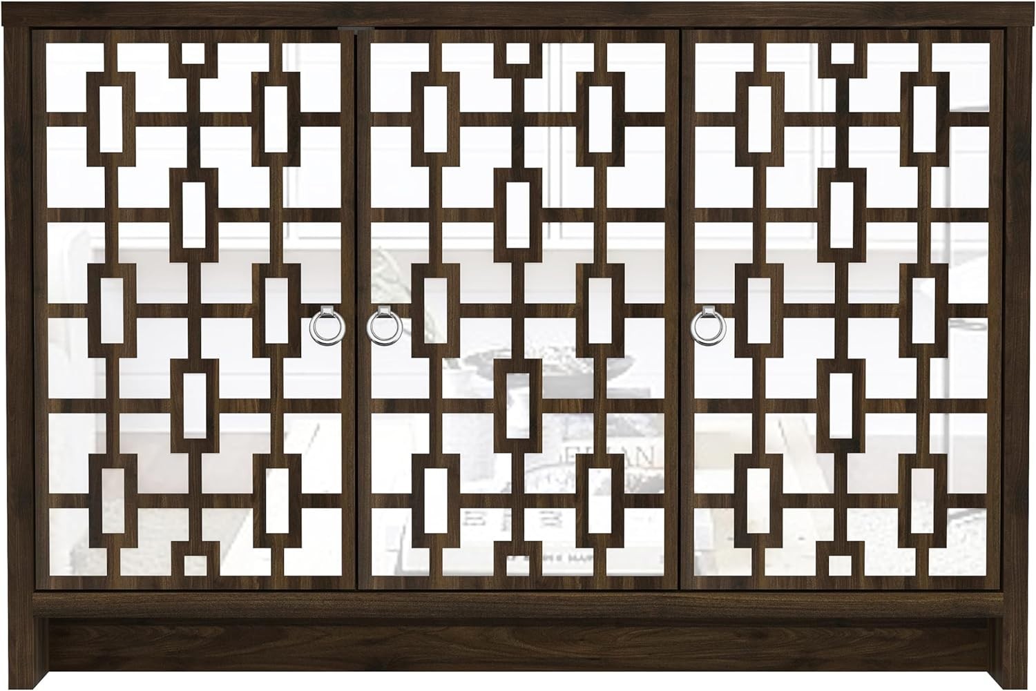 Mirrored Sideboard 3 Door Walnut Storage Cabinet Modern Hallway