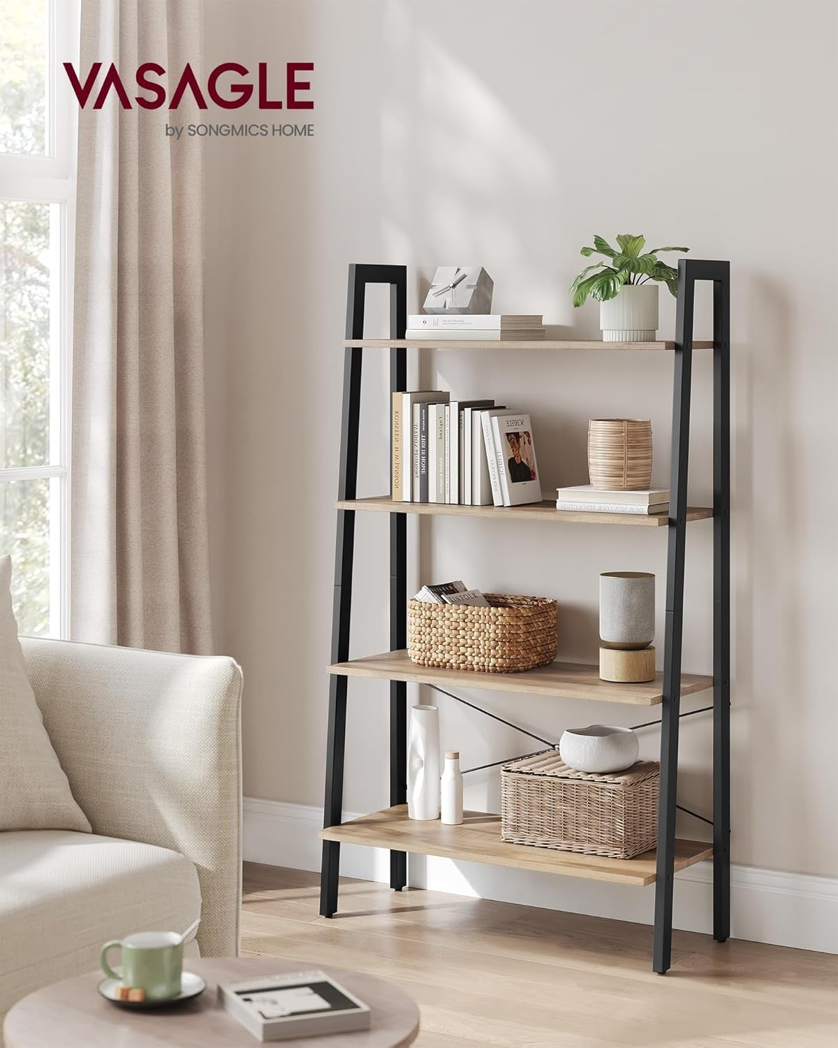 4-Tier Industrial Ladder Shelf Bookcase Storage Rack Camel Brown 138cm