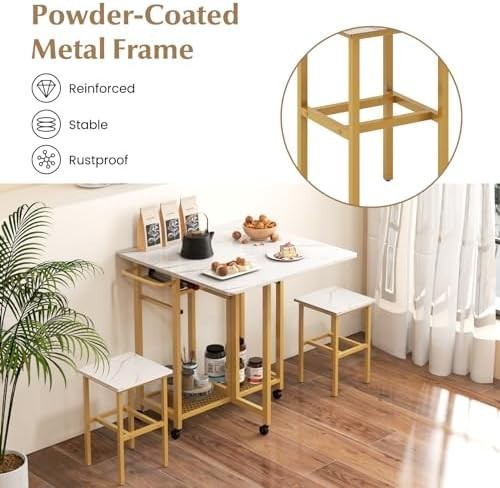 Foldable Drop Leaf Dining Table Set with Stools Wine Rack Shelves & Wheels