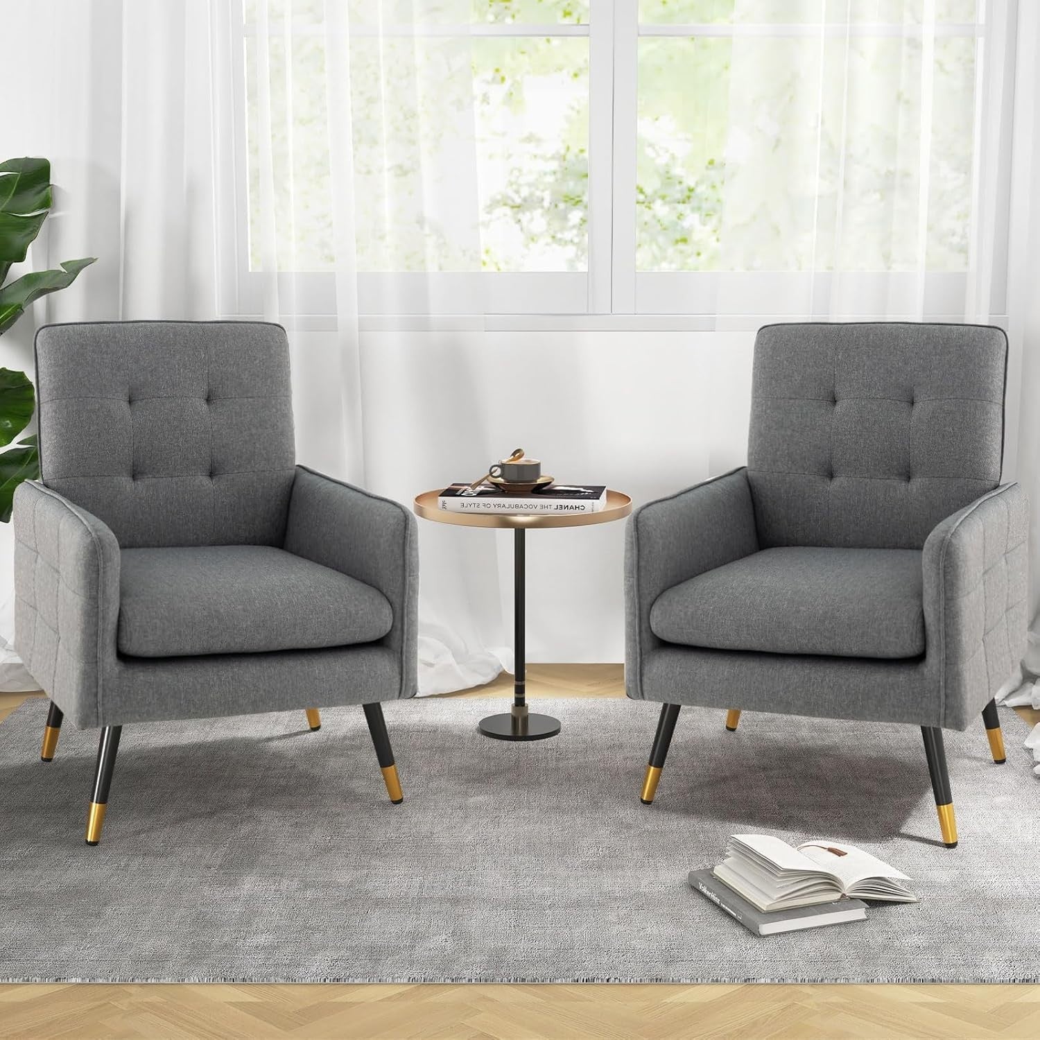 Comfy Grey Linen Accent Chair, Modern Tufted Sofa Chair with Metal Legs