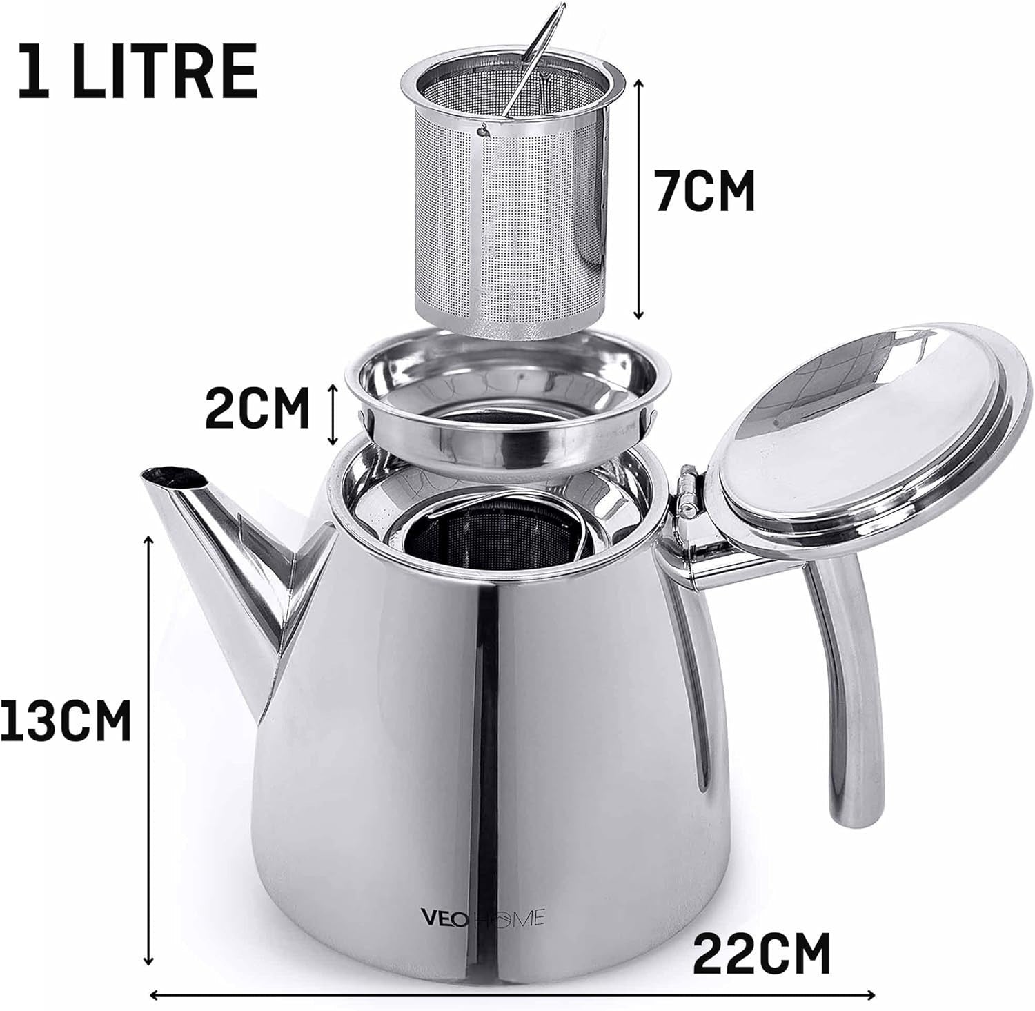 Stainless Steel Teapot 1L Double Wall Insulated Tea Pot w/ Infuser