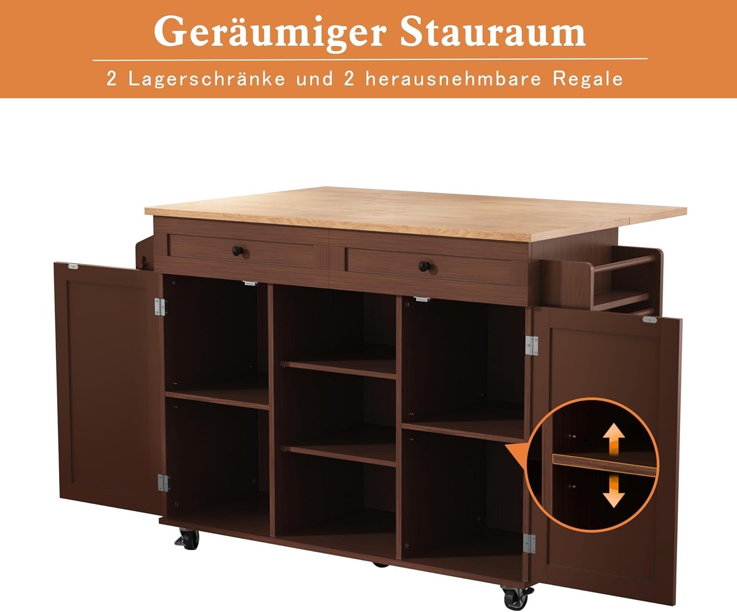 Brown Kitchen Island Cart with Drop Leaf & Storage – Mobile Rubberwood Trolley