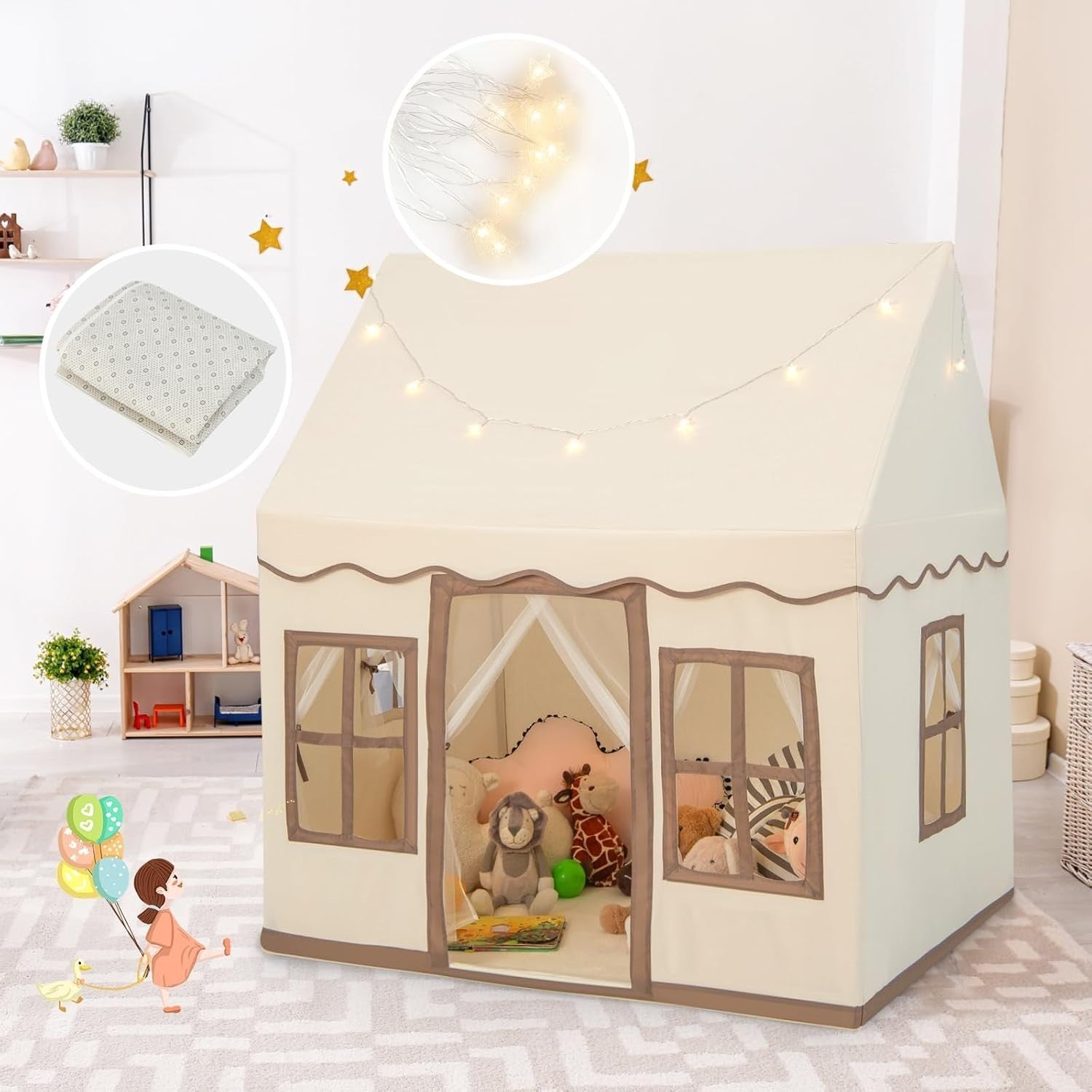 Large Kids Play Tent Castle Indoor Outdoor w Star Lights Non Slip Mat