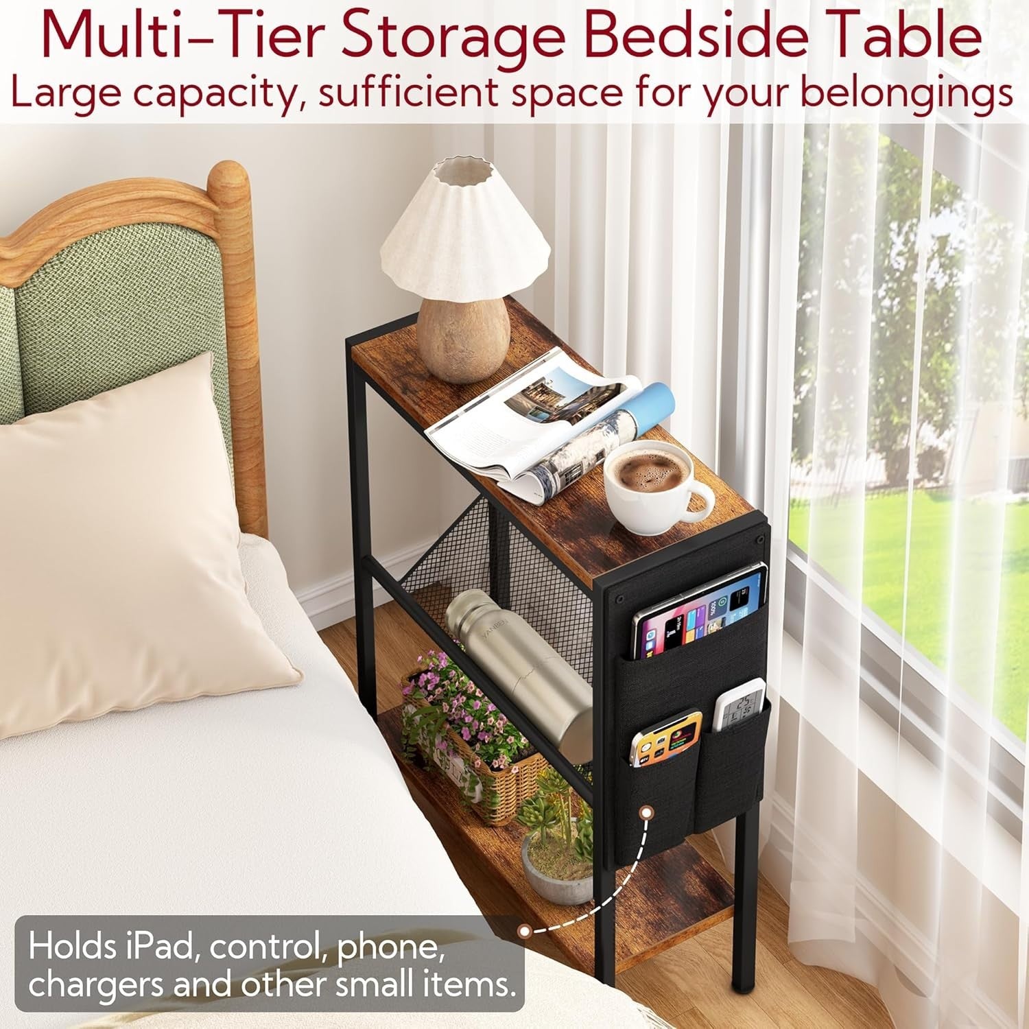 Slim 3-Tier Rustic Side Table with Storage Bag – Narrow Sofa Bedside Unit