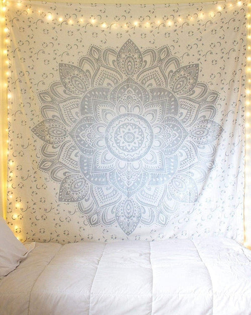 Grey Metallic Mandala Tapestry 52x60in Boho Wall Hanging Cotton