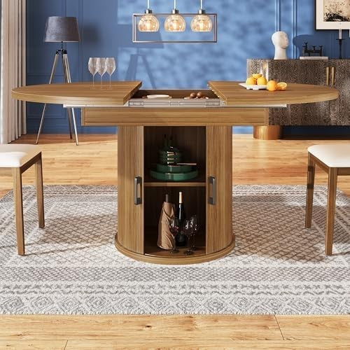 Extendable Round Dining Table Walnut Storage 118-158cm Oval