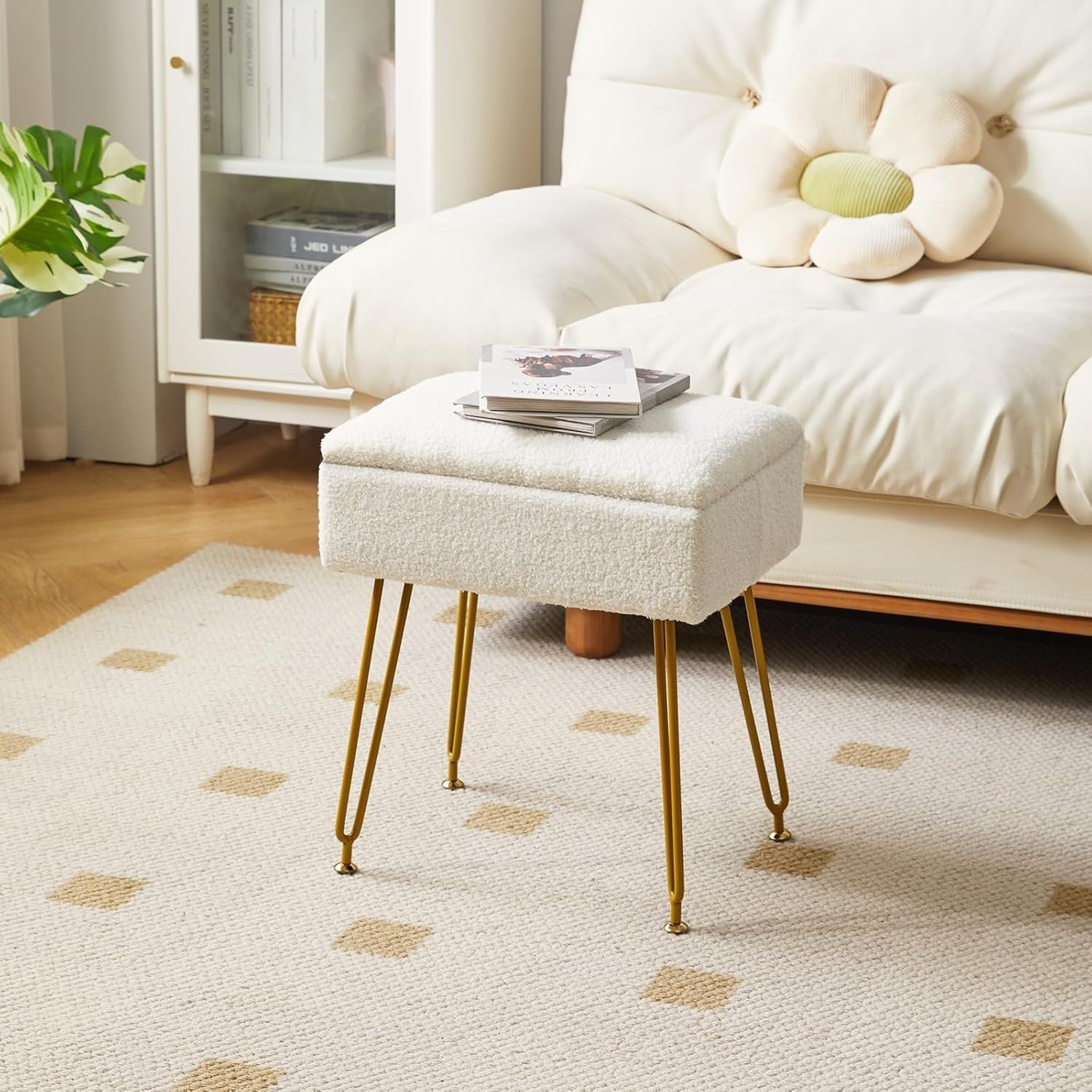 White Teddy Velvet Storage Ottoman Stool Modern Footrest Dressing Table Seat
