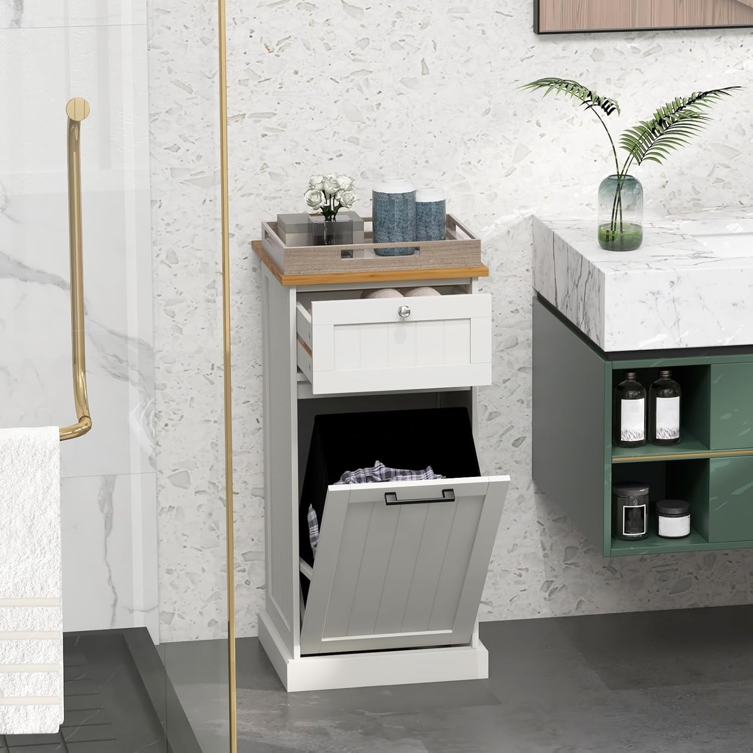 White Tilt-Out Laundry Hamper Cabinet with Drawer 30L Basket Bathroom Unit