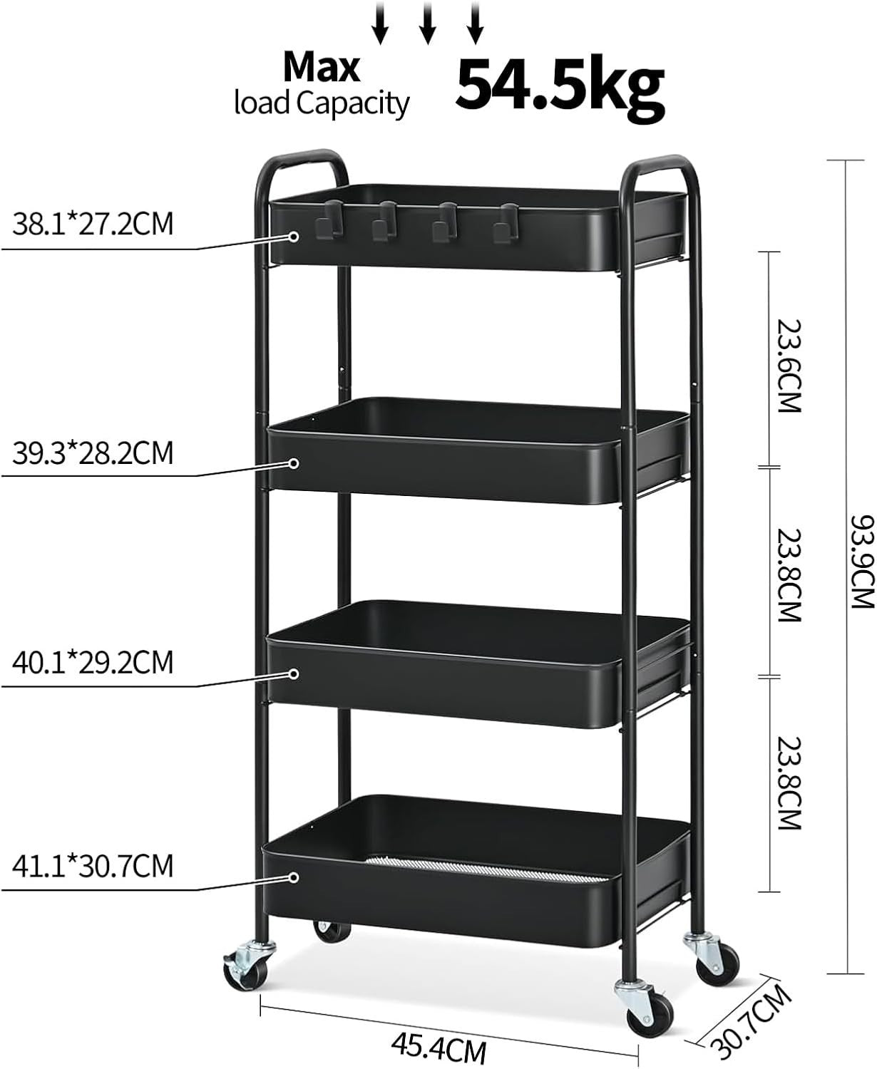 4 Tier Rolling Storage Cart Metal Utility Trolley Organizer on Wheels