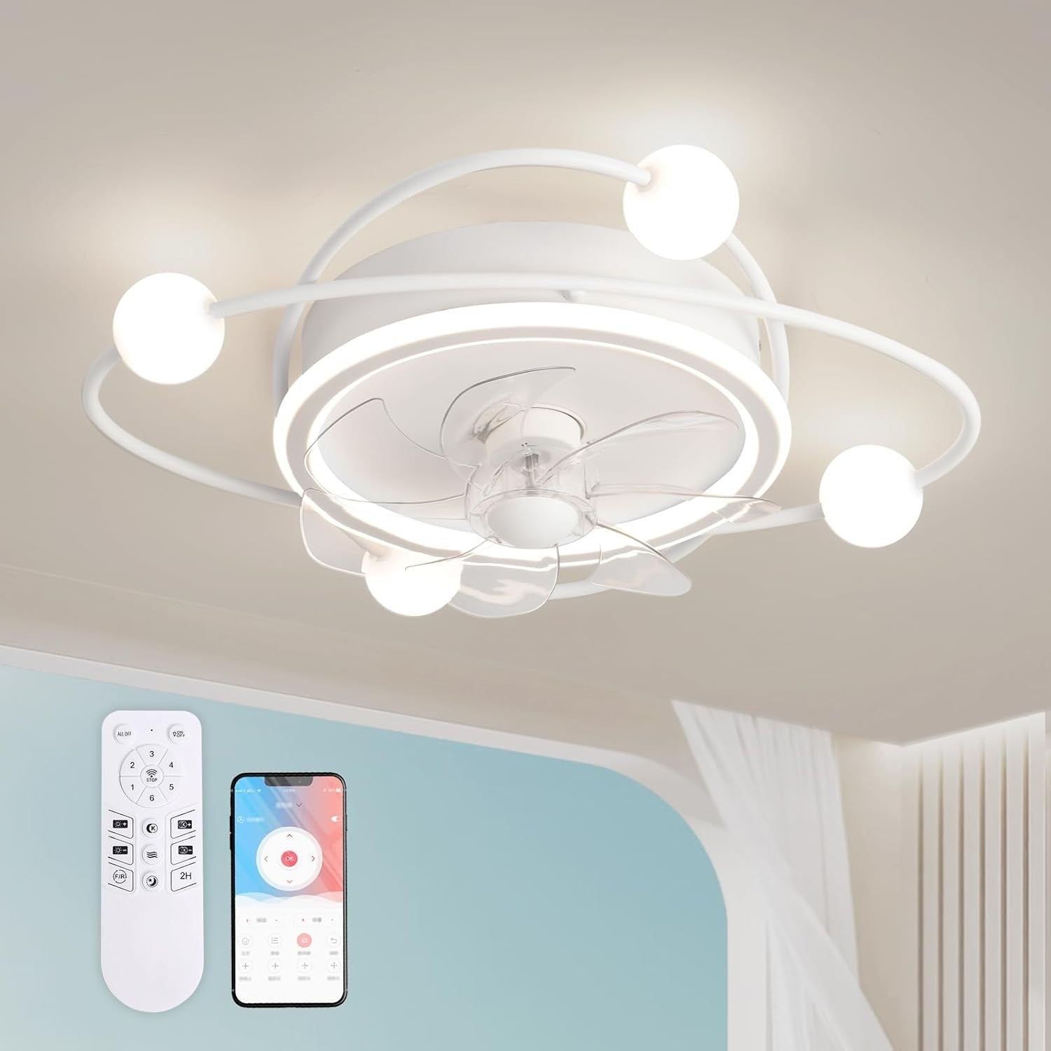 Modern 58CM Ceiling Fan with LED Light, 6-Speed, DC Motor, Remote & App