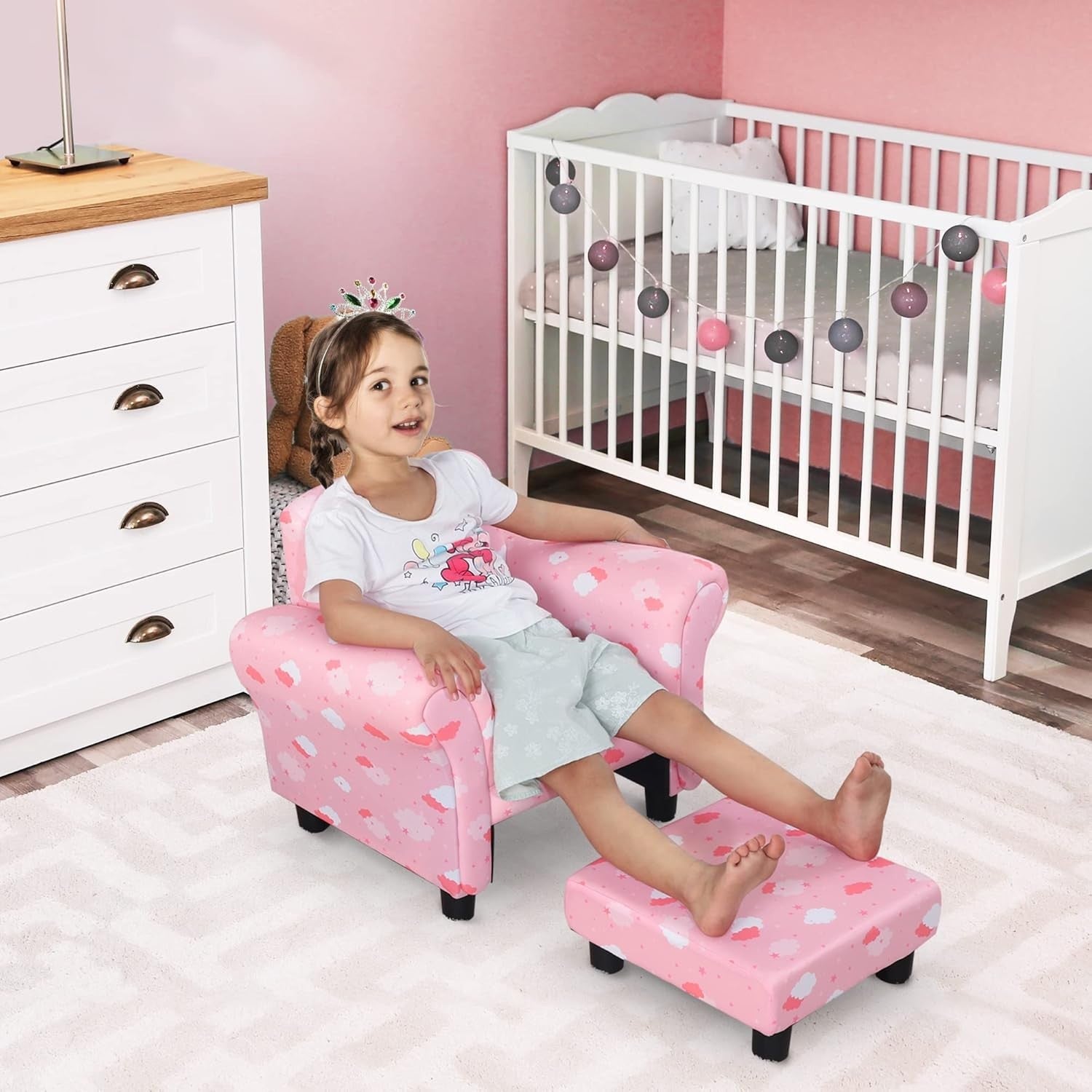 Toddler Armchair with Footrest Kids Sofa Chair Pink Cloud Star Design 18-36M
