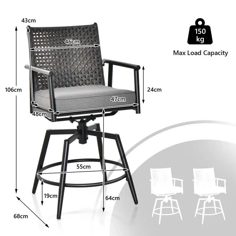 Outdoor Swivel Bar Stools Set of 2 Rattan Cushioned Garden Patio Chairs