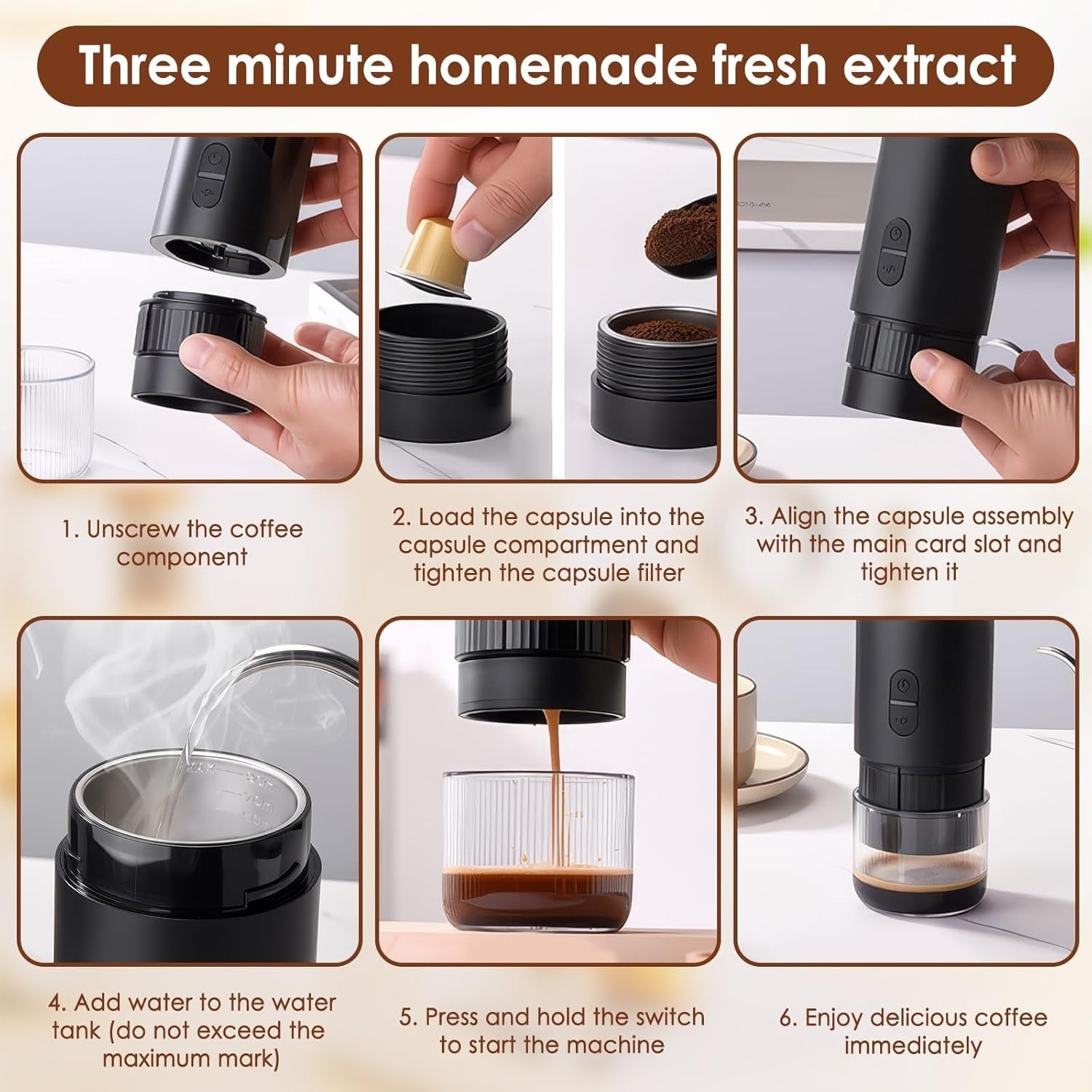 Portable Electric Espresso Maker | USB-C Rechargeable Travel Coffee Machine Blk