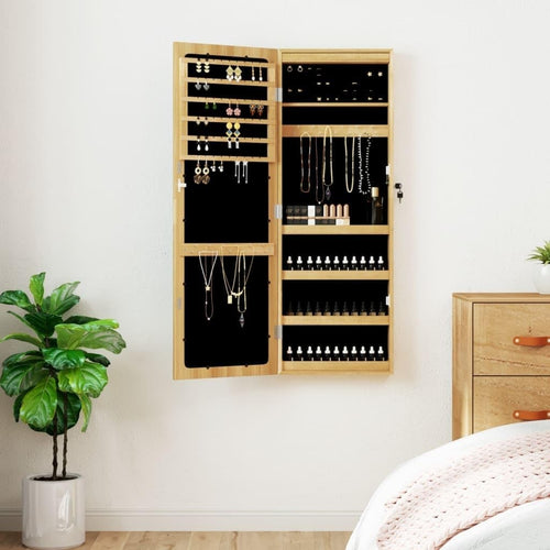 LED Wall Mounted Jewelry Cabinet Frameless Mirror Lockable Storage Brown