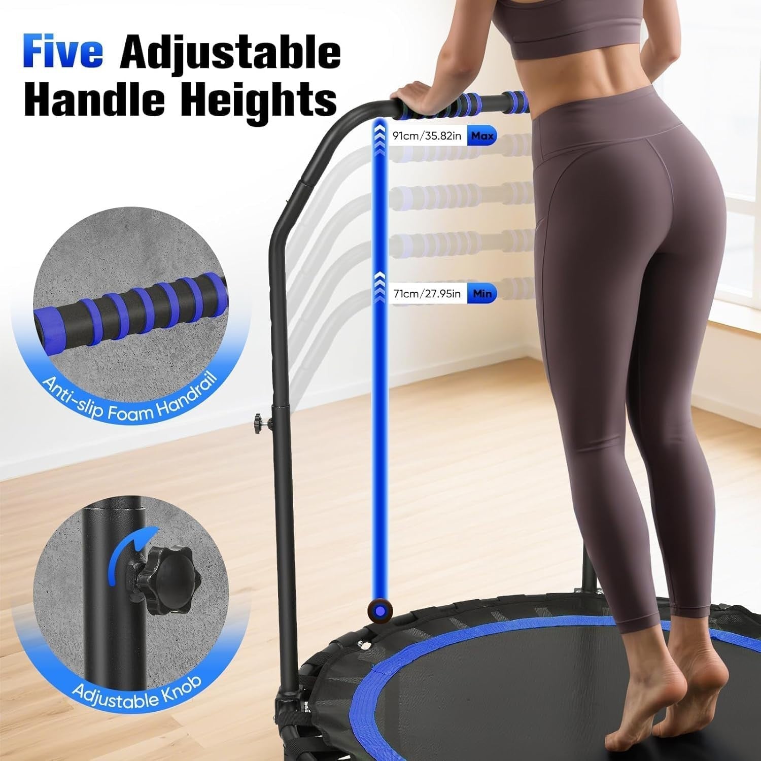 Foldable Exercise Trampoline w Handle Quiet Rebounder 150kg Space Saving