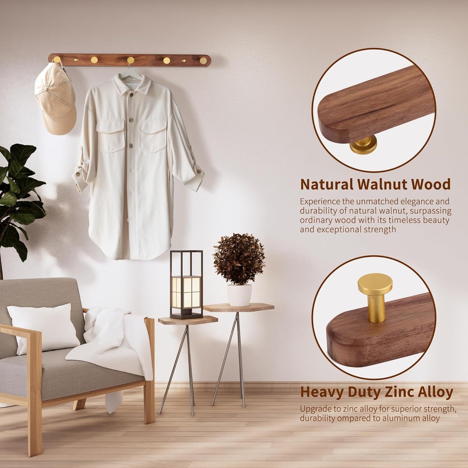 Luxury Walnut Wall Coat Rack 5 Gold Hooks Wooden Hanger Rail Hallway