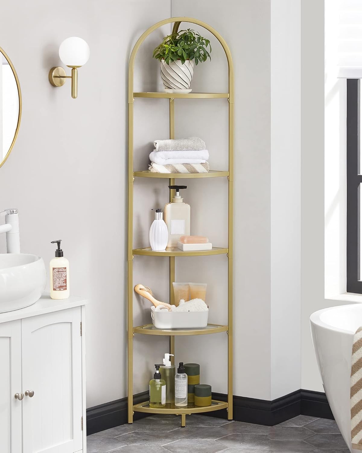 5-Tier Gold Corner Shelf Tower Modern Glass Display Unit for Living Spaces
