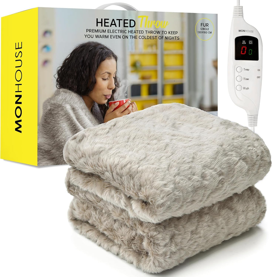 Electric Heated Throw Blanket 130x160cm Faux Fur 9 Heat Levels Timer Washable