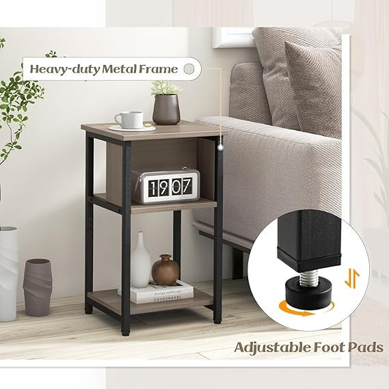 Modern 3-Tier Narrow Bedside Table with Shelves & Storage, Small Space Side