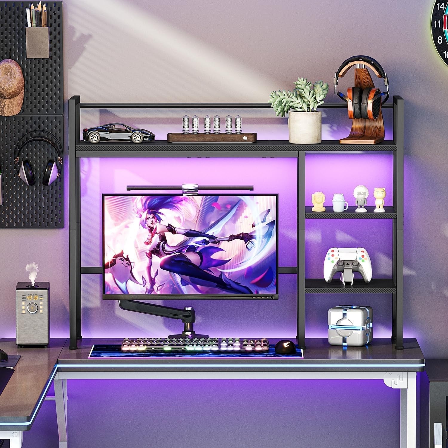 38.6" Desk Hutch Shelf with LED Strip | 4-Tier Desktop Organizer Rack