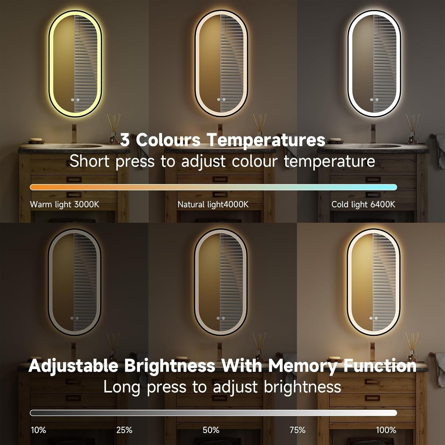 LED Bathroom Mirror 80x40cm Oval Wall Light Touch Control Anti-Fog Pad