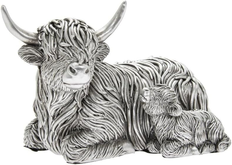 Silver Highland Cow & Calf Ornament | Rustic Farmhouse Figurine Shelf Decor Gift