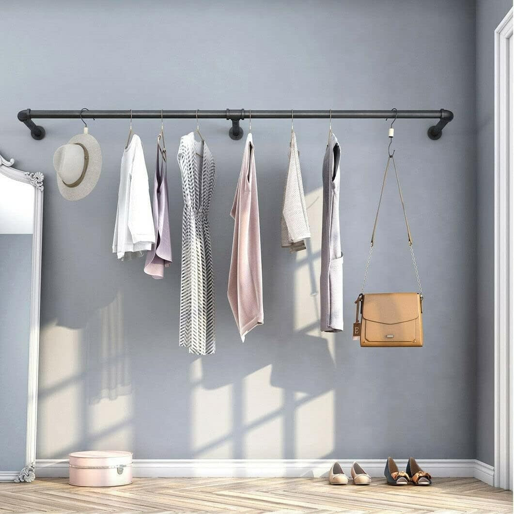 Wall Mounted Industrial Pipe Clothes Rail Heavy Duty Black 180cm