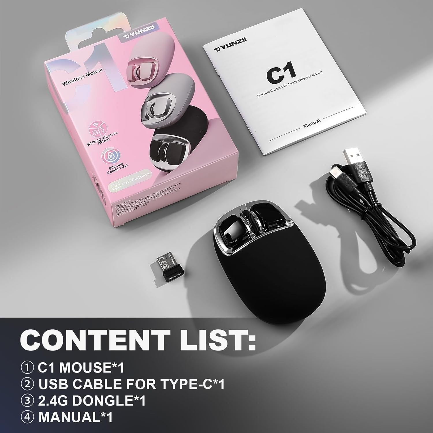 Rechargeable Wireless Mouse 4800 DPI Bluetooth 2.4G USB-C Multi Device
